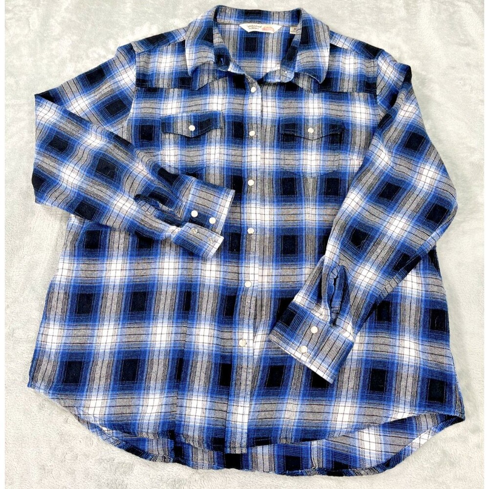 Cumberland Outfitters Ely Cattleman Pearl Snap Shirt Mens XL Blue Plaid Flannel